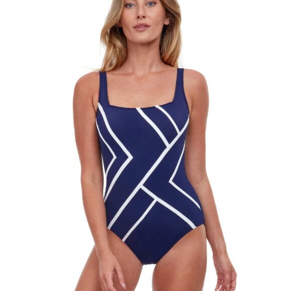 NWT:  Gottex Mirage Full Coverage Square Neck Blue/White Geometric Swimsuit - Picture 2 of 7